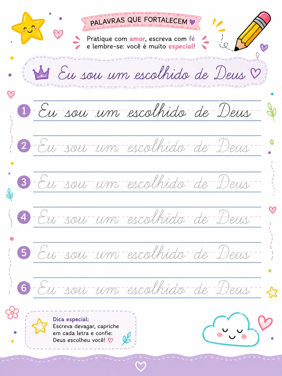 Atividade de caligrafia com frase de autoestima