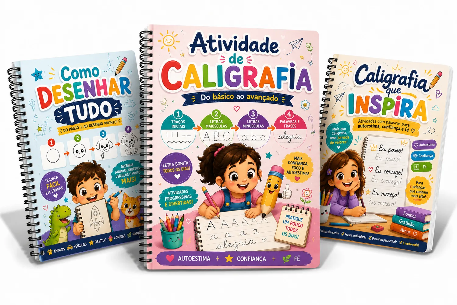 Coleção com atividades de caligrafia, autoestima e desenho